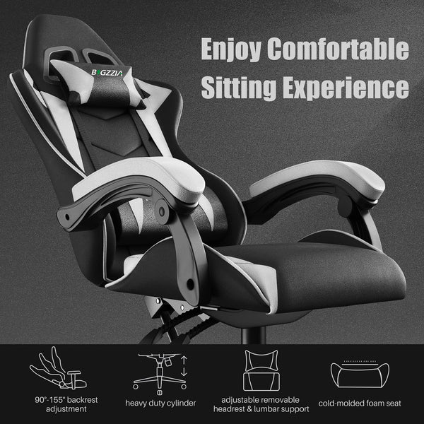 bigzzia Ergonomic Gaming Chair - Gamer Chairs with Lumbar Cushion + Headrest, Height-Adjustable Office & Computer Chair for Adults (without footrest, White)