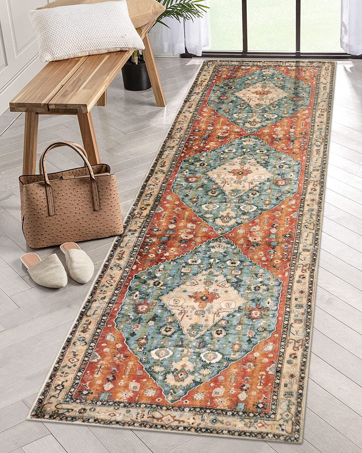 KIMODE Boho Hallway Runner Rug 60 x 210cm, Non Slip Rugs for Bedroom Machine Washable Kitchen Rug Soft Vintage Living Room Rugs Non Shedding Rug for