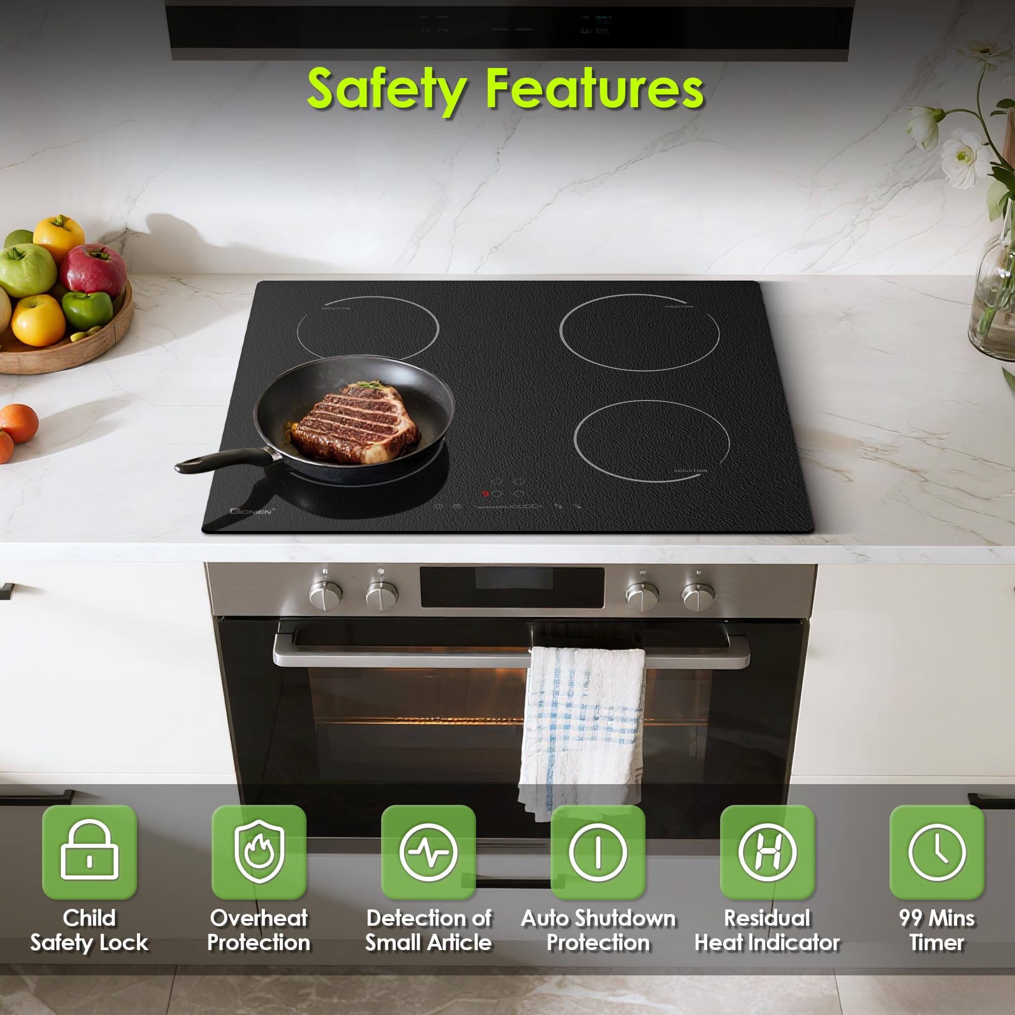 GlONlEN Plug-in Induction Hob White 13 Amp 2800W,59cm Integrated Electric Cooktop with Bridge Zone, 4 Cooking Rings,Built-in Cooker