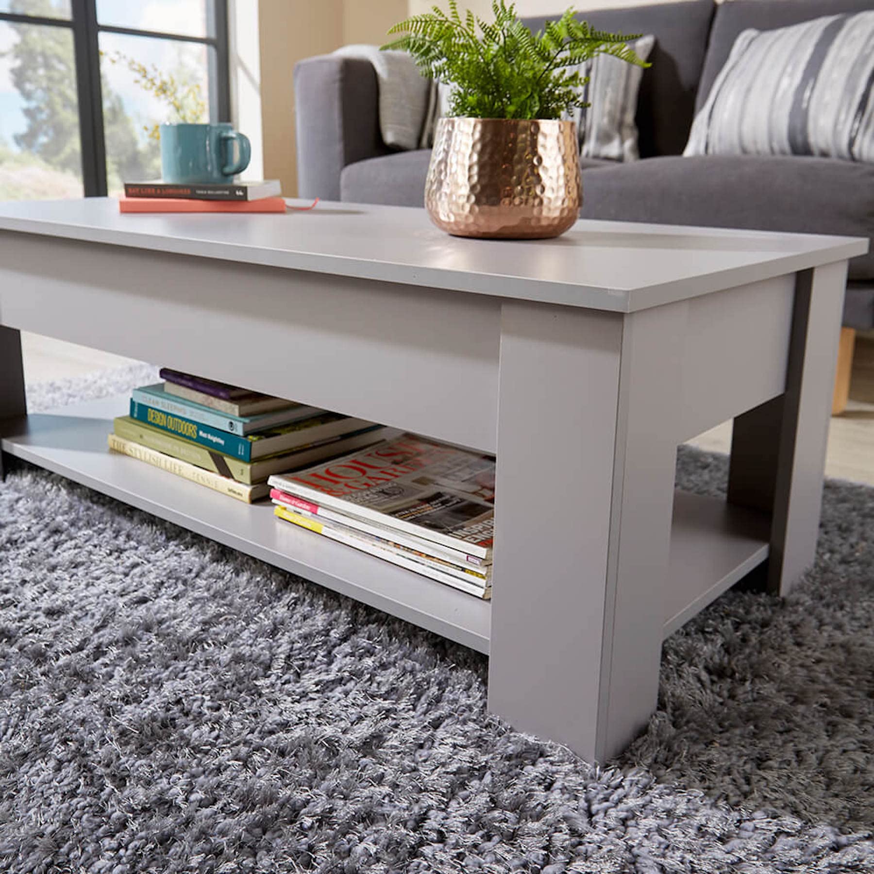 Home Source Coffee Table with Lift Up Top Storage Area and Magazine Shelf, Grey