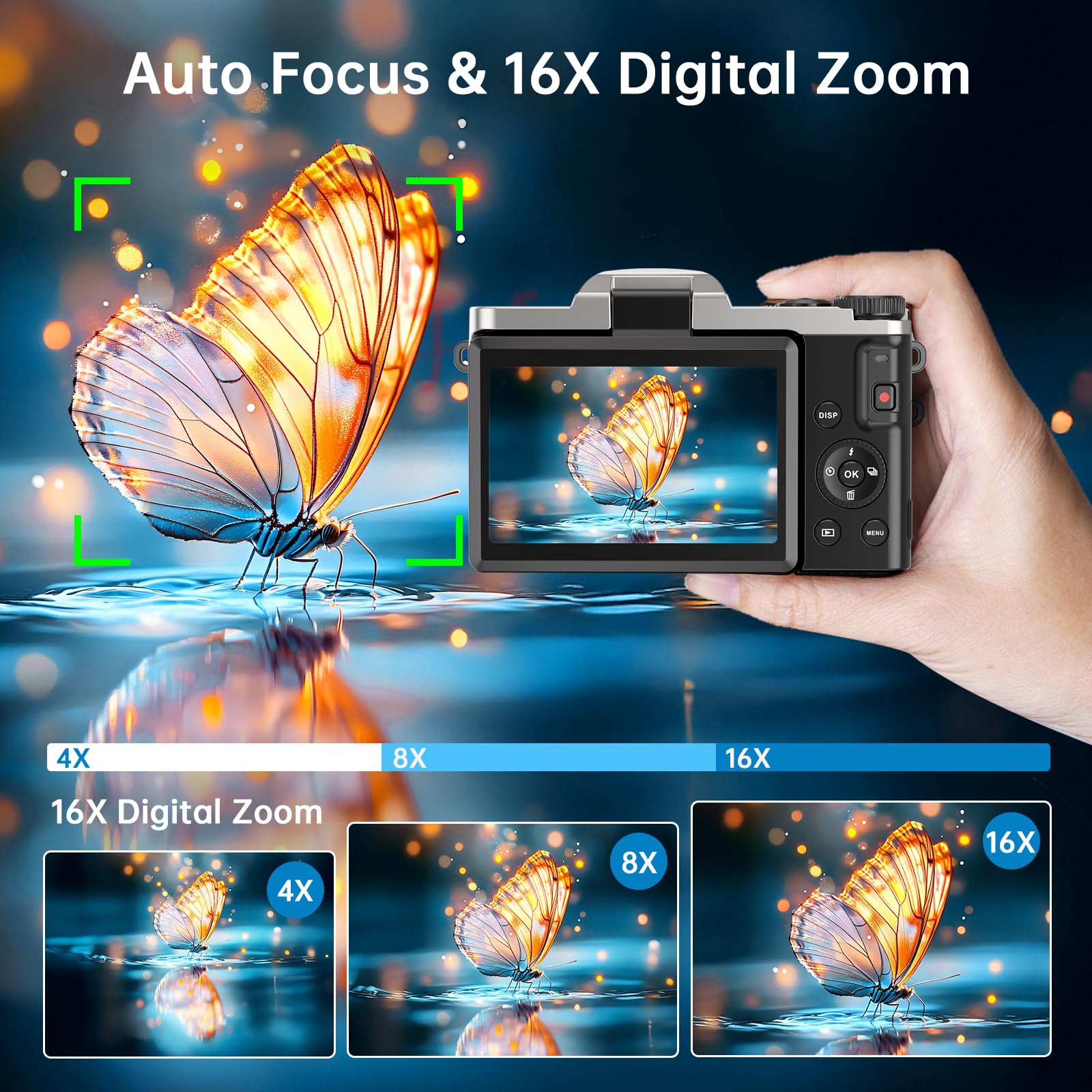 Digital Camera with WiFi, 4K 64MP Autofocus Vlogging Camera for YouTube with SD Card 3.0" 180° Flip Screen 16X Digital Zoom Anti-Shake Charging Station, 2 * Batteries for Teenagers, Beginners, Adults
