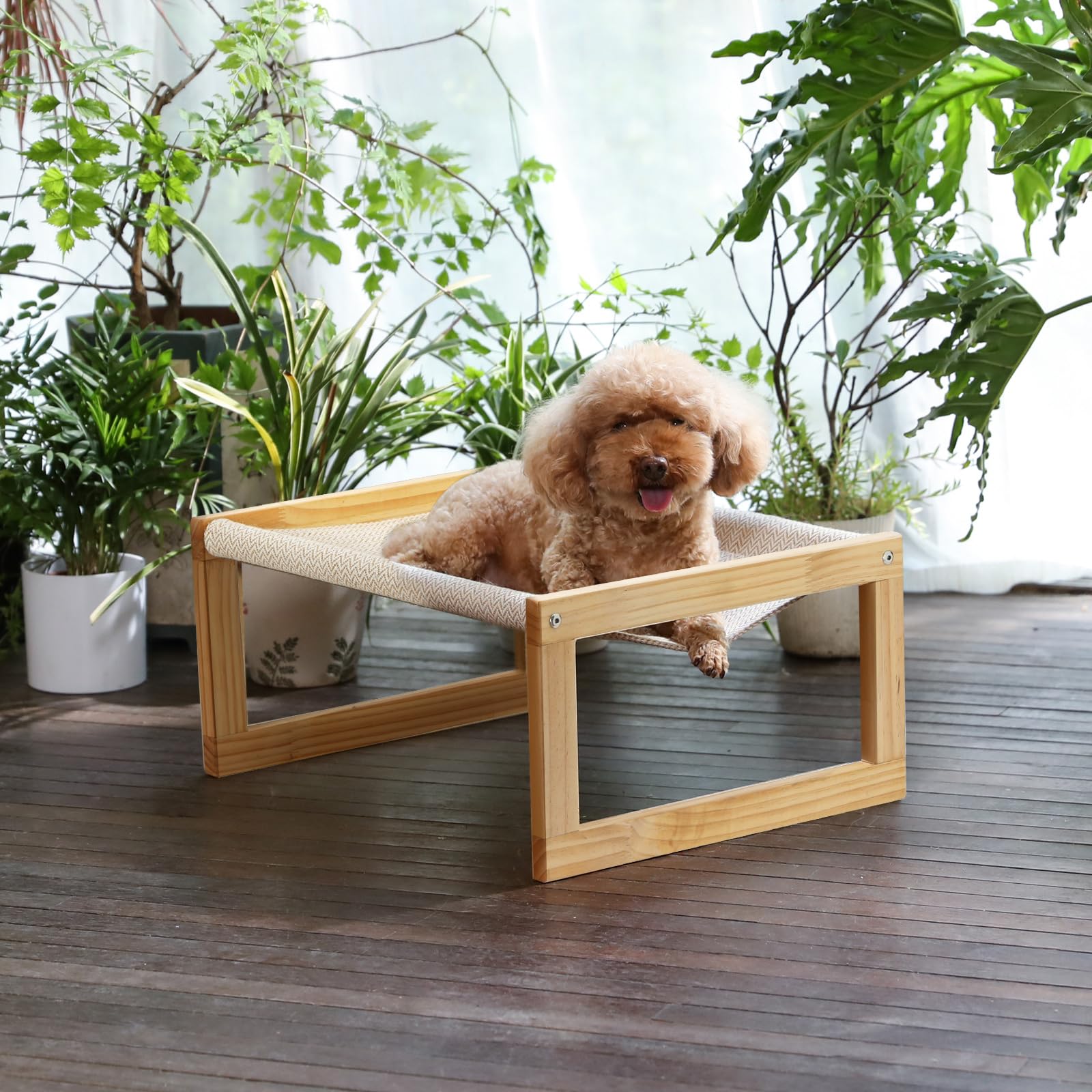 FUKUMARU Dog Bed, Large Breathable Cat Bed, Wooden Cat Hammock for Outdoor, 53 X 42 cm Elevated Pet Furniture Suitable for Kitty, Puppy, Rabbit, Bunny