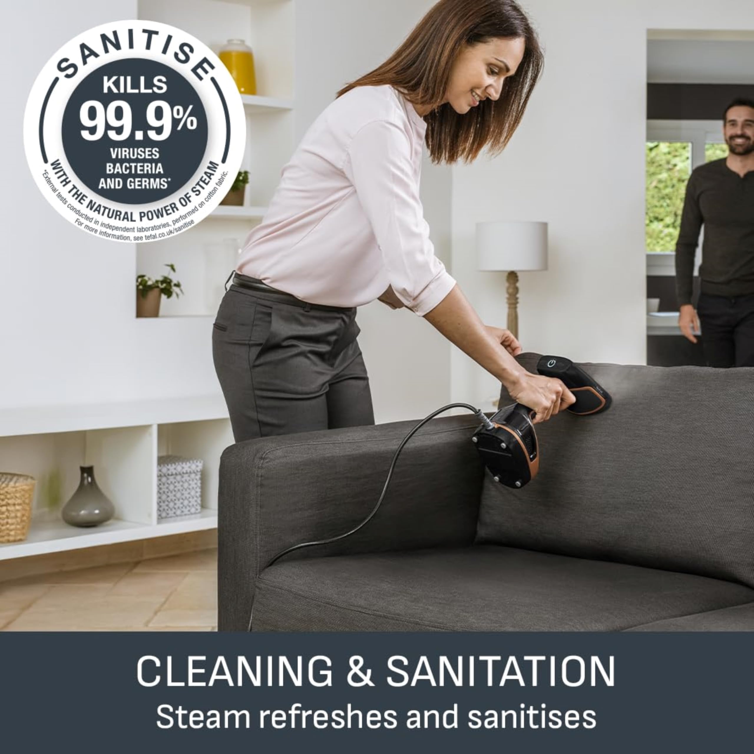 Tefal Access Steam+ Handheld Clothes Steamer, 1600W, 26 g/min Steam, No Ironing Board Needed, 2 Steam Levels, Sanitising Steam, Black & Rose Gold, DT8103