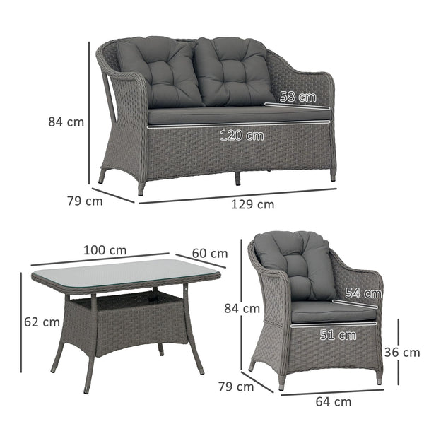 Outsunny 4 Pieces Rattan Garden Furniture Set, Round Wicker Garden Sofa Set with Loveseat, Armchairs and Glass Top Table, Outdoor Conservatory Furniture with Cushions for Patio, Balcony, Light Grey