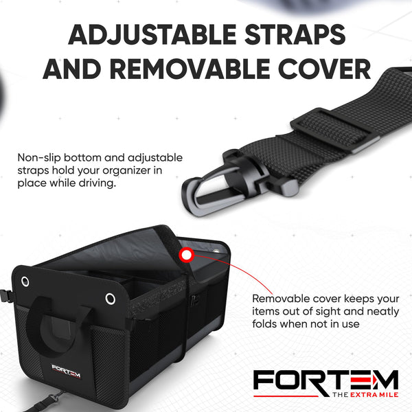 FORTEM Car Boot Organiser, SUV Boot Tidy, Trunk Storage, Collapsible Multi Compartment Car Organiser, Non Slip Bottom, Adjustable Securing Straps, Foldable Cover (65L)