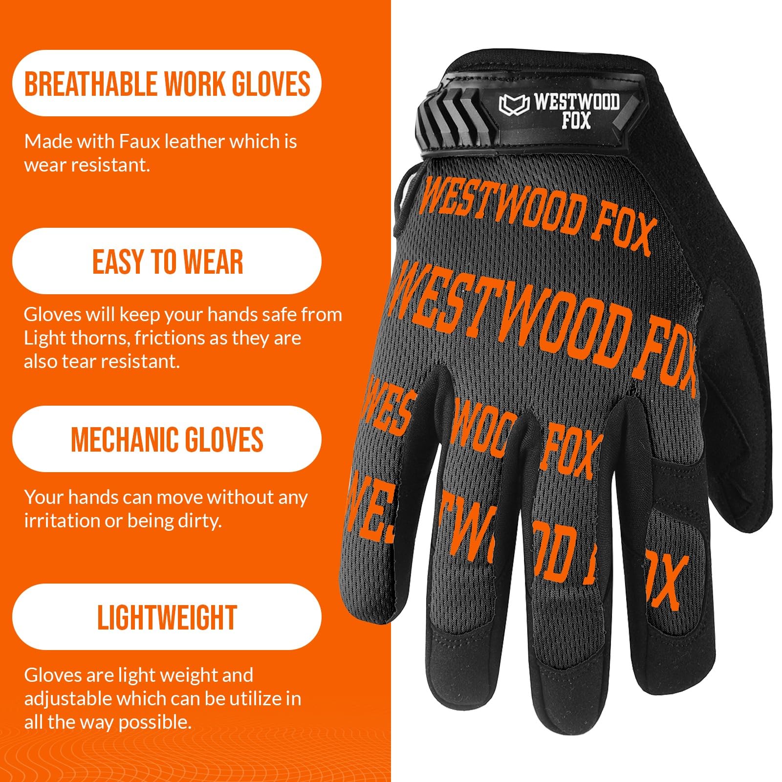 WESTWOOD FOX Gardening Working Gloves Garden Thorn Proof Flexible Heavy Duty Leather Mechanic Utility Dexterity Breathable Construction Gloves for Work Mens Women (Metallic Orange, L)
