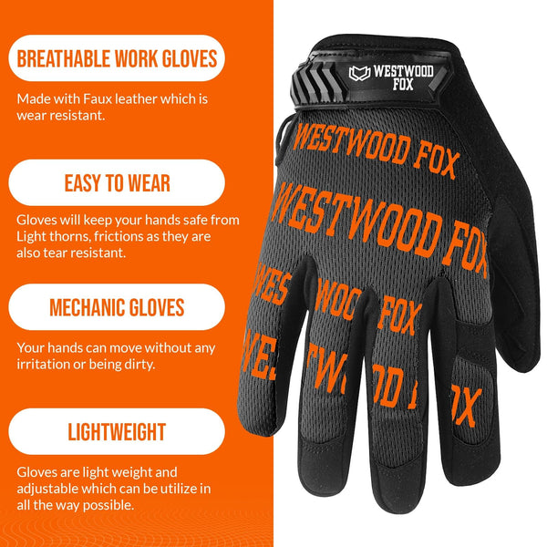 WESTWOOD FOX Gardening Working Gloves Garden Thorn Proof Flexible Heavy Duty Leather Mechanic Utility Dexterity Breathable Construction Gloves for Work Mens Women (Metallic Orange, L)