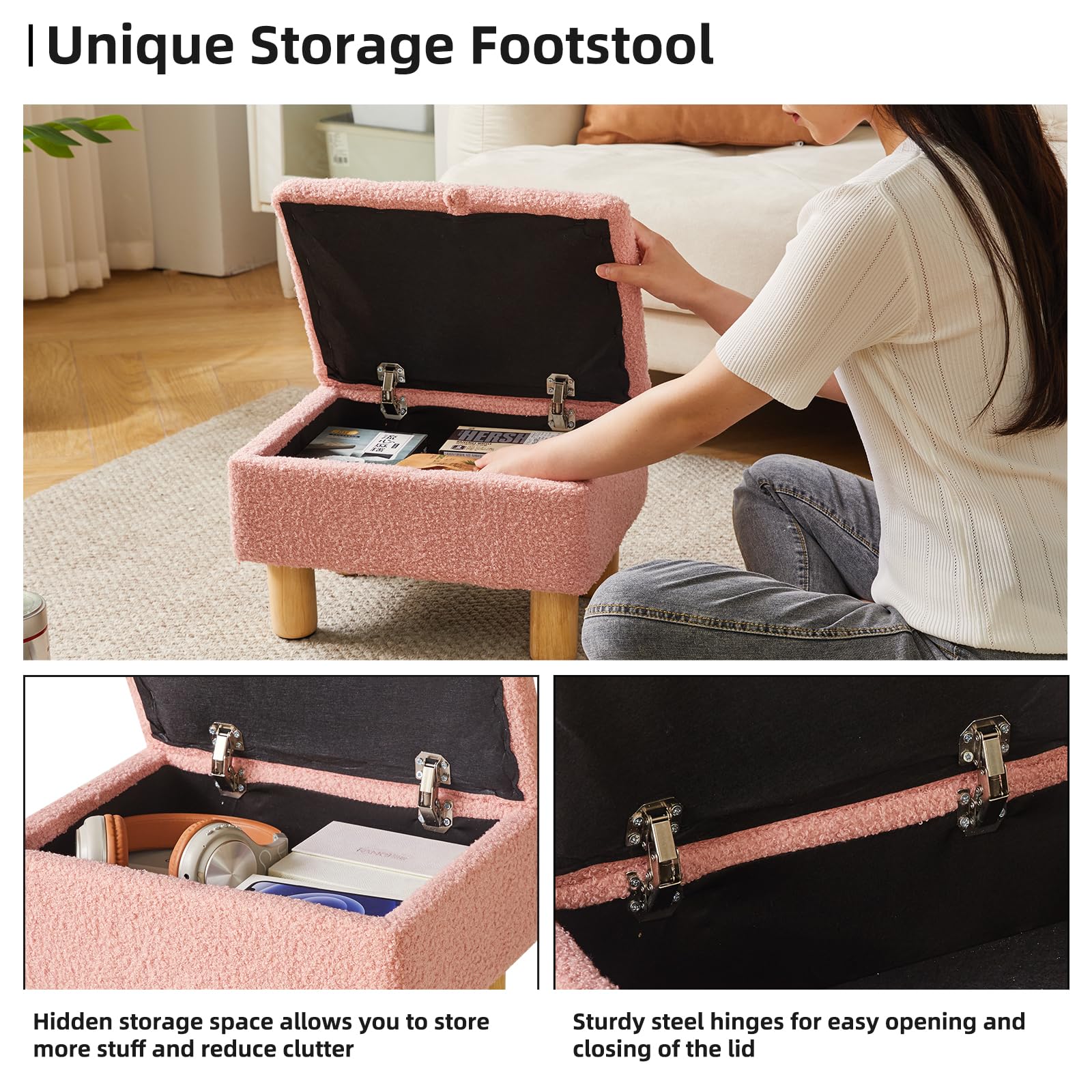 Aibiju Small Footstool with Storage, Faux Teddy Fur Upholstered Ottoman Pouffe Stool, Sofa Footrest Change Shoes Stool for Living Room and