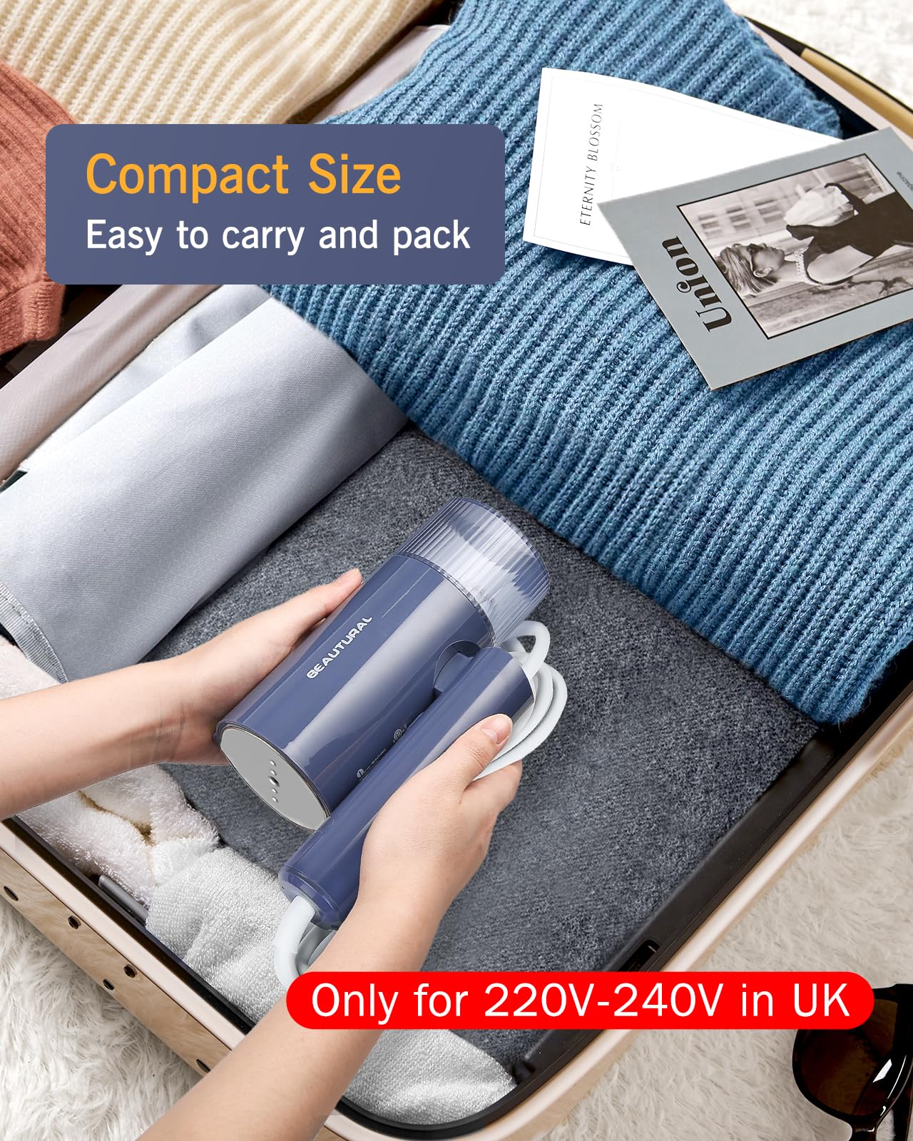 BEAUTURAL Clothes Steamer, Foldable Handheld Clothing Wrinkles Remover for Garments, Portable Mini Fabric Steam Iron for Home and Travel (White)