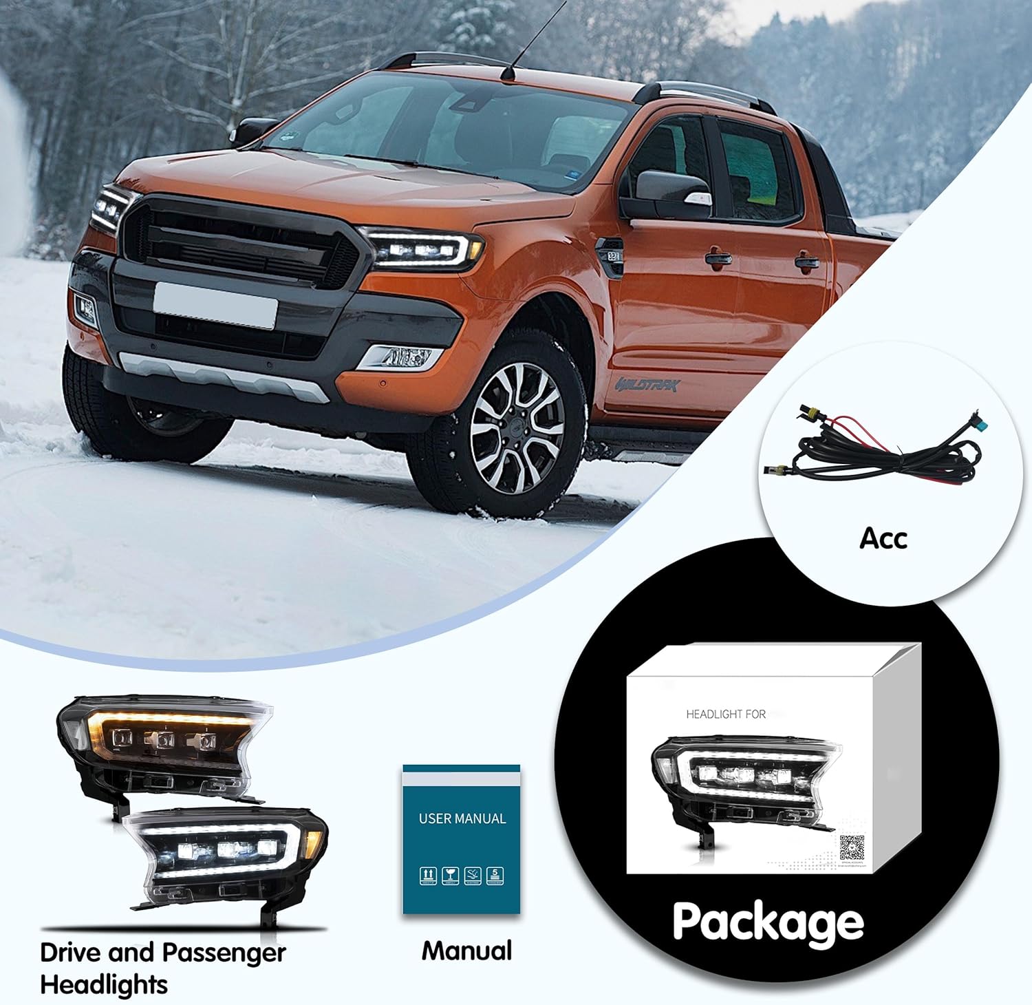 VLAND Headlight Pair Suitable for Ranger T6 T7 T8 T8 XL XLT Wildtrak 2015-2021 with Sequential Indicators (Clear) LHD