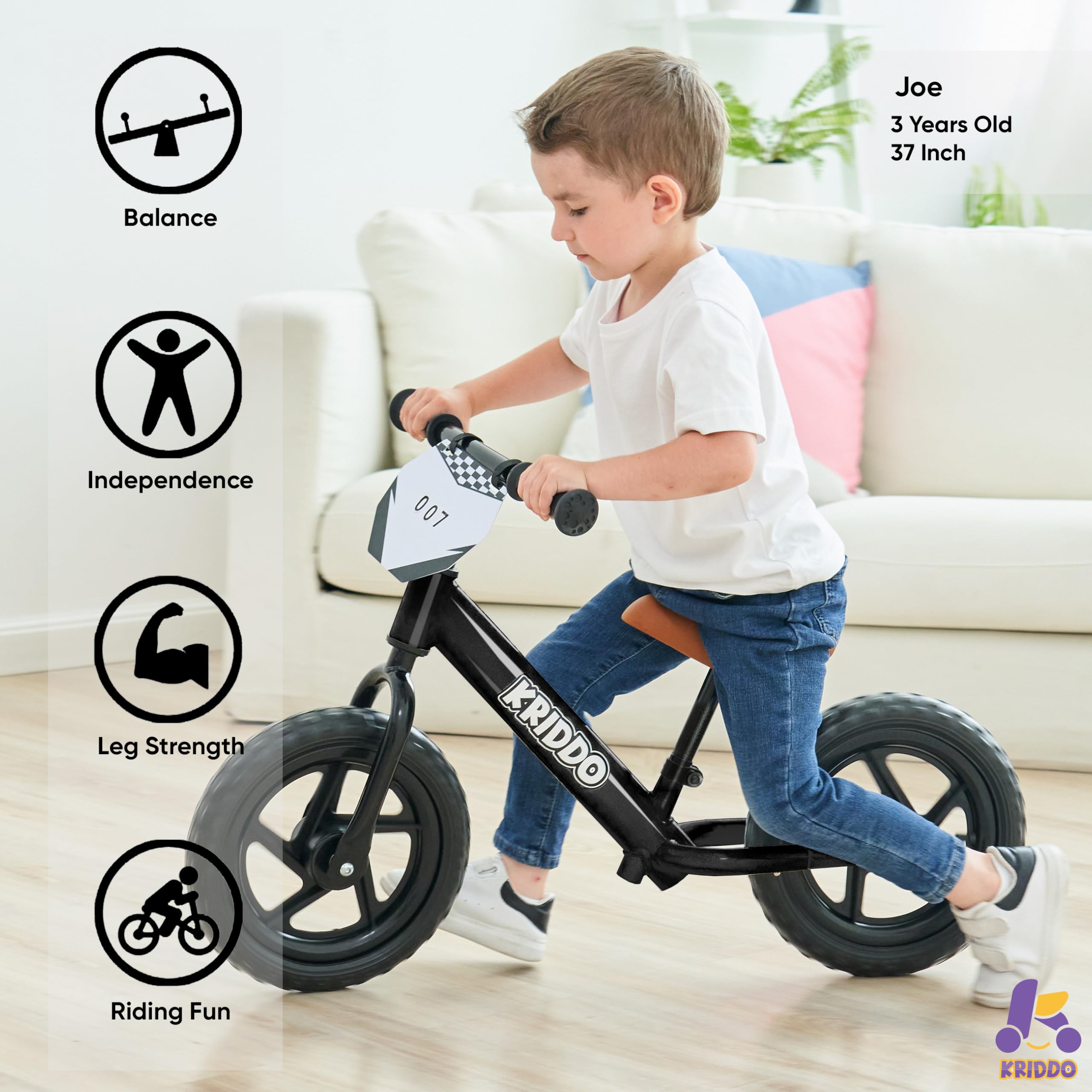 KRIDDO Toddler Balance Bike 2 Year Old, Age 18 Months to 5 Years Old, 12 Inch Push Bicycle with Customize Plate (3 Sets of Stickers Included), Gift Bike for 2-3 Boys Girls, Blue