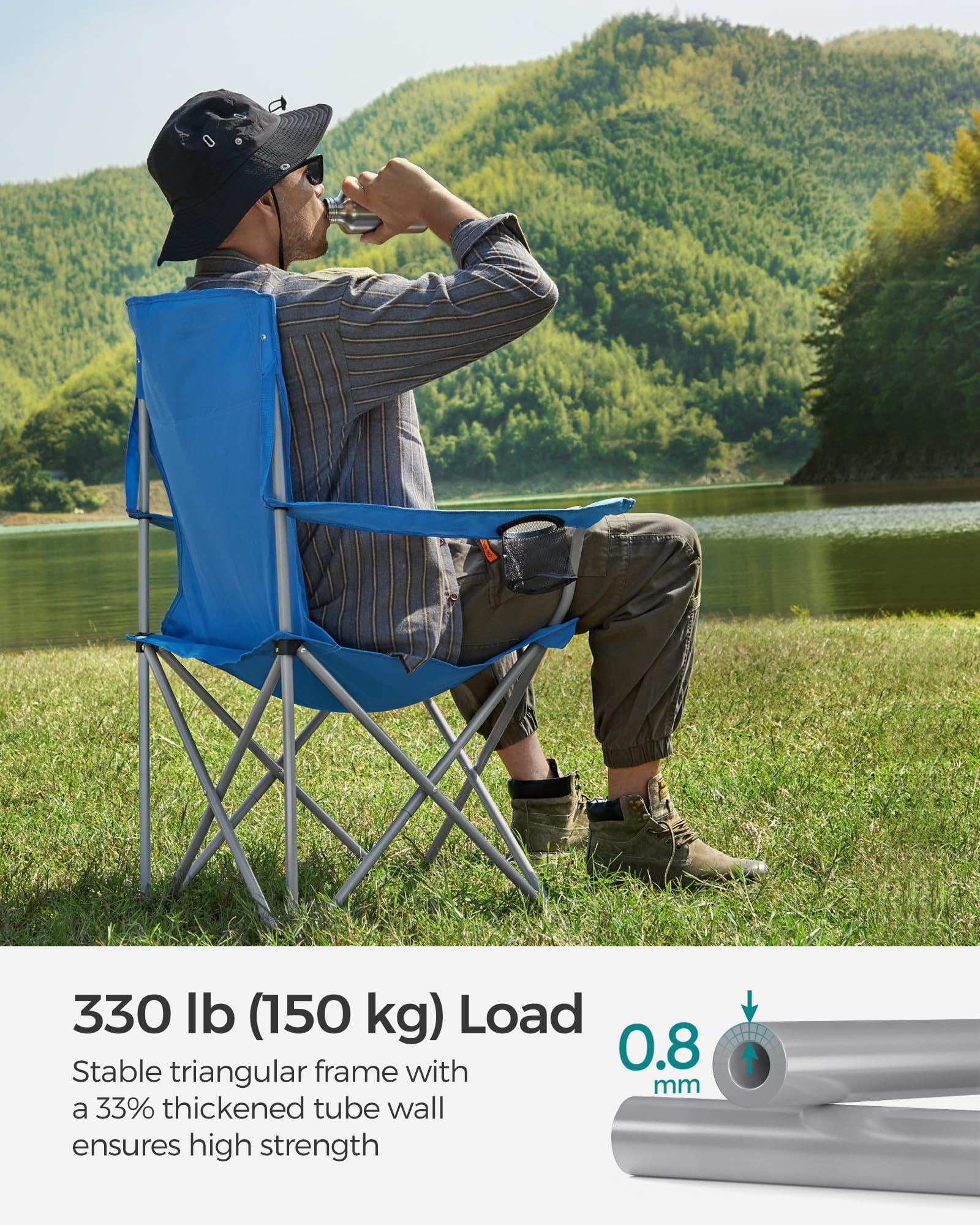 SONGMICS Set of 2 Folding Chairs, Camping Chairs, Comfortable Heavy Duty Structure, Max. Load 150 kg, with Drink Holder, Outdoor Chair