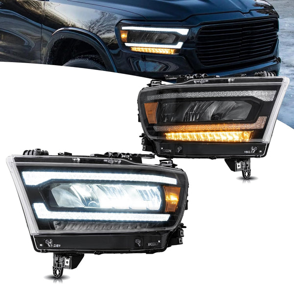 VLAND Motor LED Headlights compatible with 2019-2024 Ram 1500 Tradesman/Lone Star/Big Horn/Laramie/Rebel [Not fit classic, TRX, factory LED projector], w/Amber sequential indicator - Amber