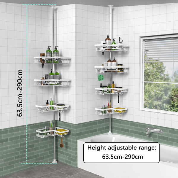 Kegii Telescopic Shower Caddy Corner - Stainless Steel Shower Shelf No Drilling Bathroom Caddy with Soap Holder and Hooks(White), On The Bath or Stand Up Shower