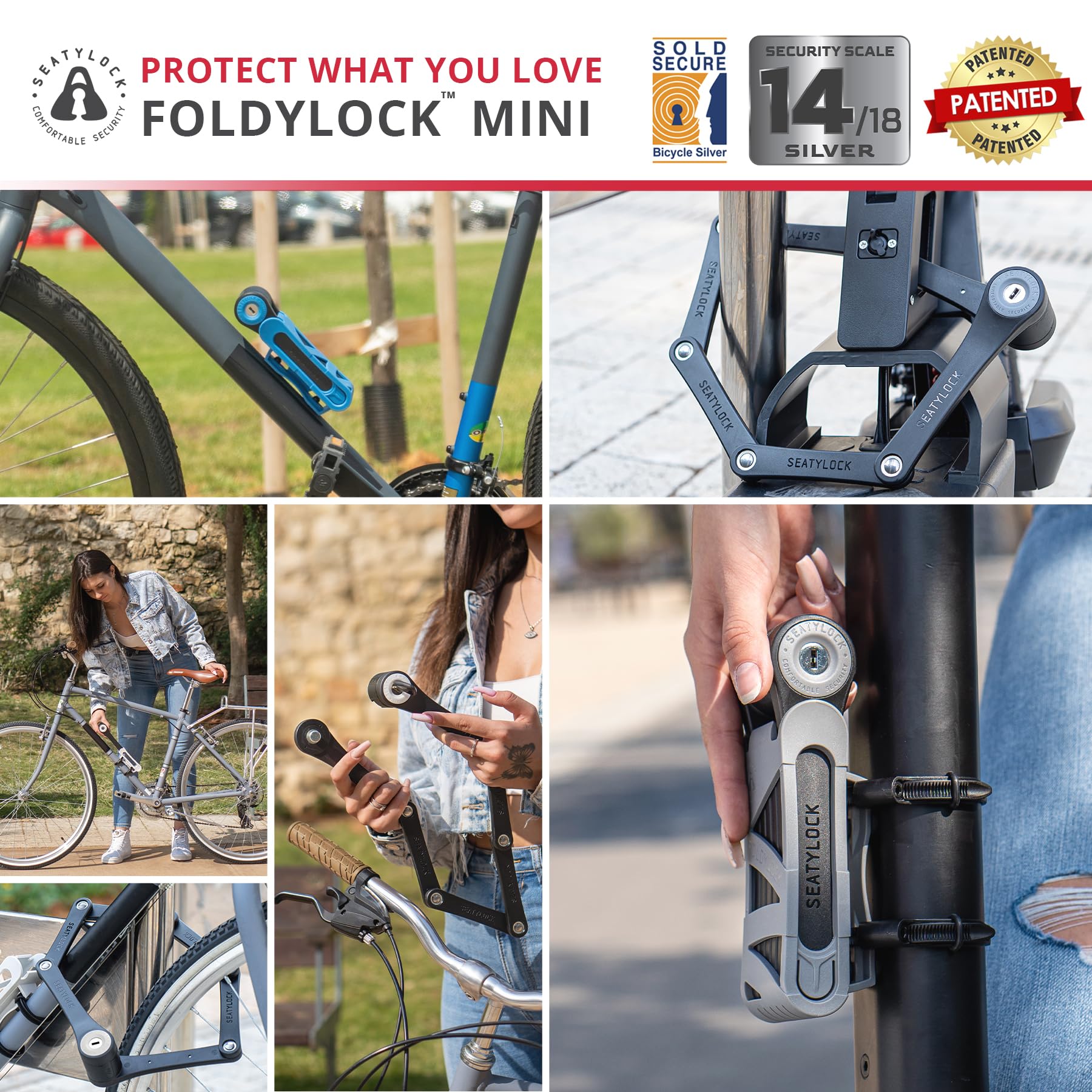 FoldyLock Mini Folding Bike Lock with Key - Patented Lightweight Heavy Duty High Security Anti Theft - Cut Proof Silver Sold Secure Bicycle Lock for