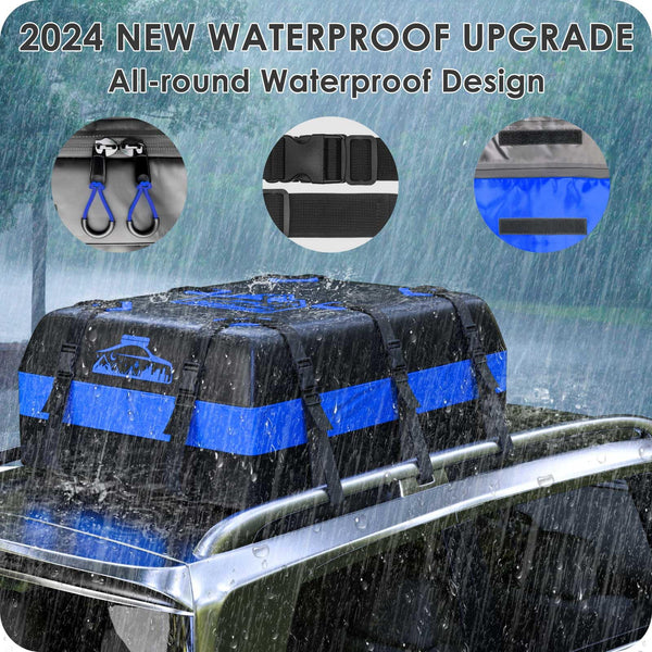 BOYUJK Car Roof Bag - 20 Cubic/566L, Waterproof, No Rack Needed, Anti-Slip Mat & 6 Heavy-Duty Straps, Folding Soft Roof Box (Blue, 566L)