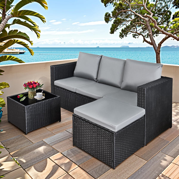 AOUXIN 3 Pieces Rattan garden furniture Patio Furniture Sets All Weather Outdoor Sectional Patio Sofa Manual Weaving Wicker Rattan Corner Sofa with Grey Cushions and Glass Table