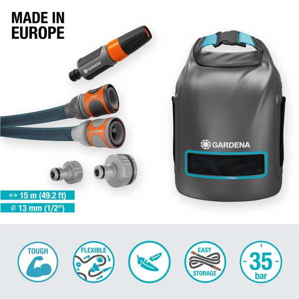 Gardena Liano Xtreme 1/2 inch, 15m + bag: Extremely robust textile garden hose, for indoor water taps, with PVC inner tube, lightweight,