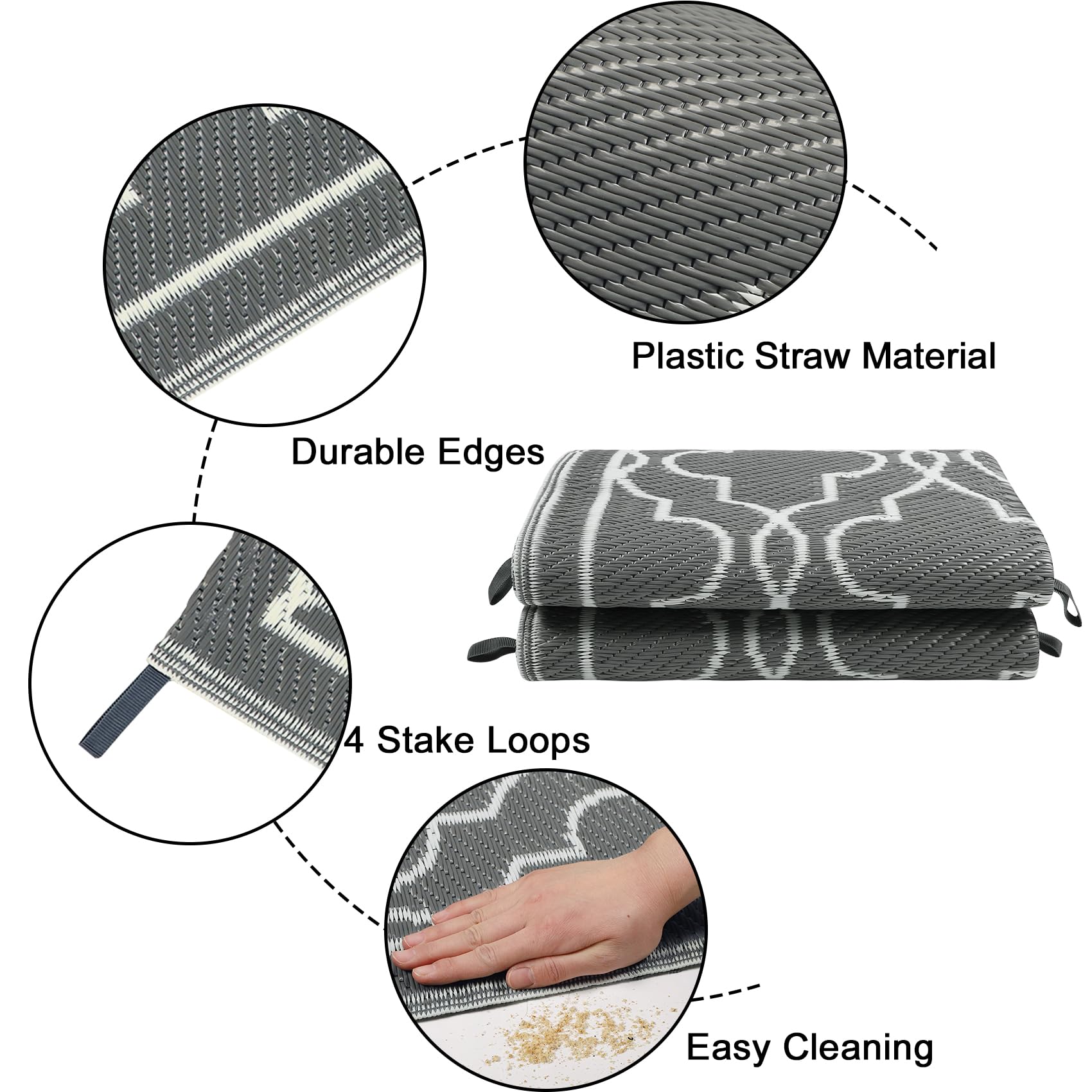 Cekene Large Outdoor Rug Waterproof Black 245x305cm Patio Rugs Reversible RV Camping Mat Lightweight Plastic Portable Outdoor Carpet for Picnic Porch Deck Backyard BBQ Beach