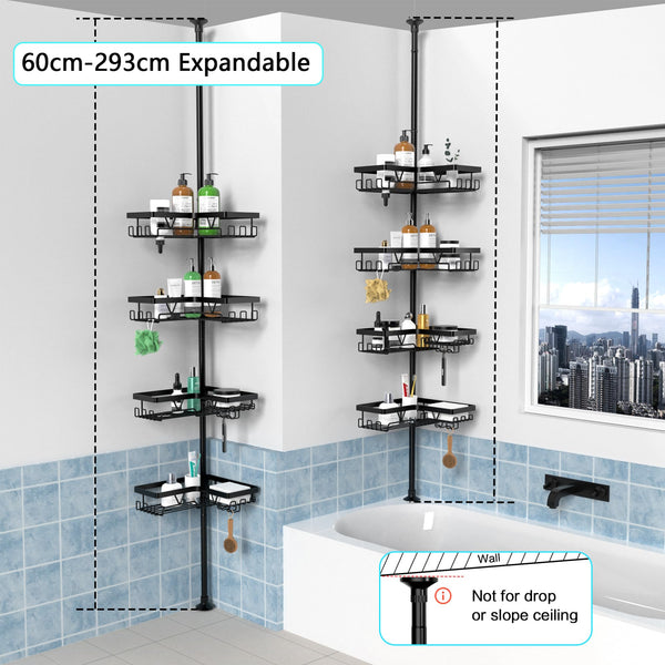 Kegii Telescopic Shower Caddy Corner - Stainless Steel Shower Shelf No Drilling Bathroom Caddy with Soap Holder and Hooks(White), On The Bath or Stand Up Shower