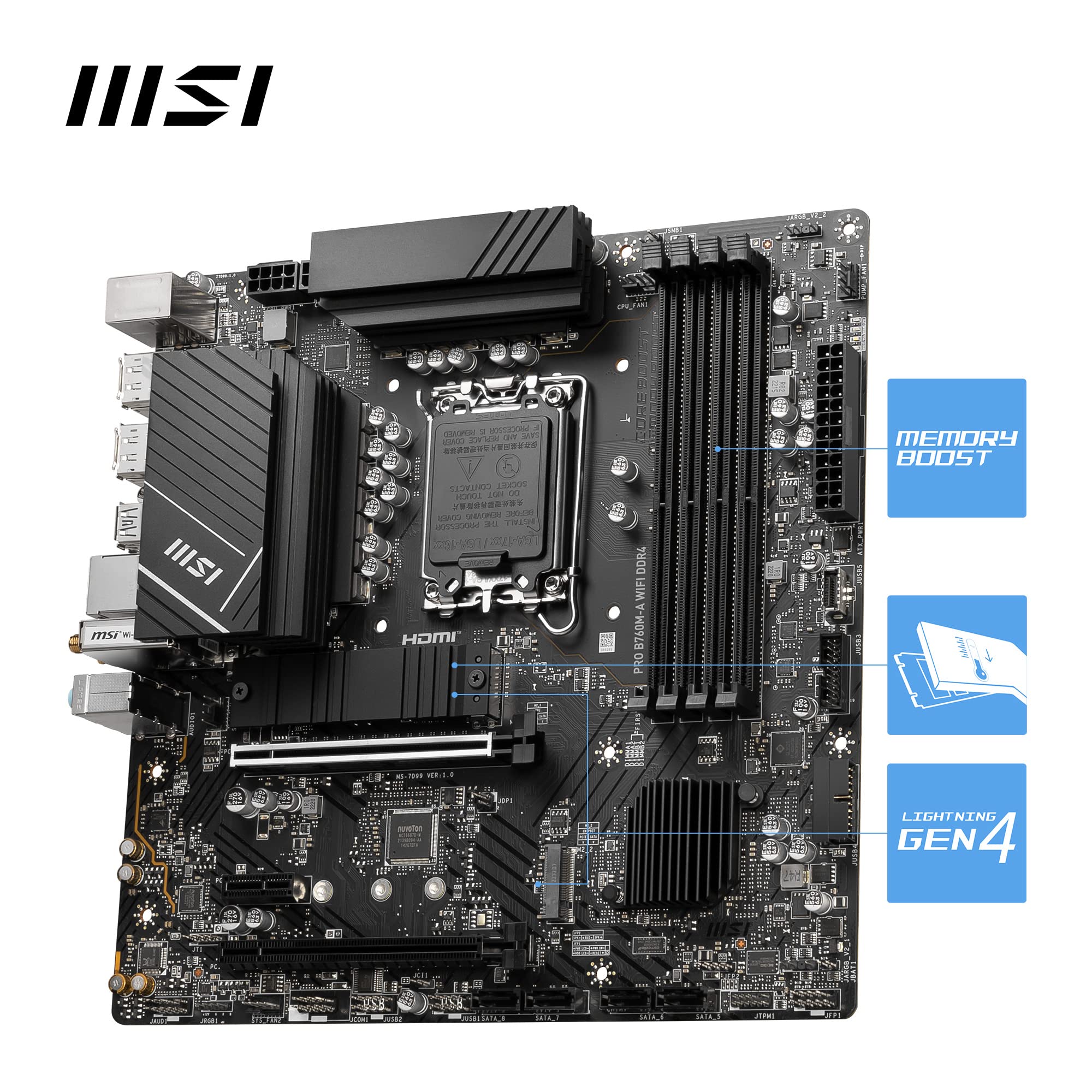MSI B760 GAMING PLUS WIFI DDR4 Motherboard, ATX - Supports Intel 14th, 13th & 12th Gen Core Processors, LGA 1700 - DDR4 Memory Boost 5333+MHz/OC, 1x PCIe 4.0 x16, 2 x M.2 Gen4, 2.5G LAN, Wi-Fi 6E