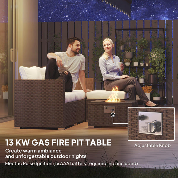 Outsunny 5 Piece Rattan Garden Furniture Set with Gas Fire Pit Table, 4 Seater Outdoor Sectional Sofa Set with Footstool and Removable Cushions, Modular Combination, Brown and Cream White