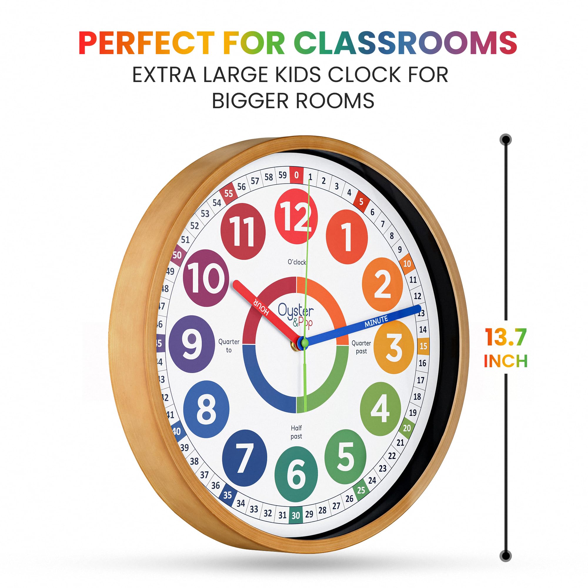 Classroom Clock - 14 Inch Extra Large Learning Clock for Kids - Silent Teaching Time Kids Wall Clock - Analog Clock for Kids Room Decor - Perfect