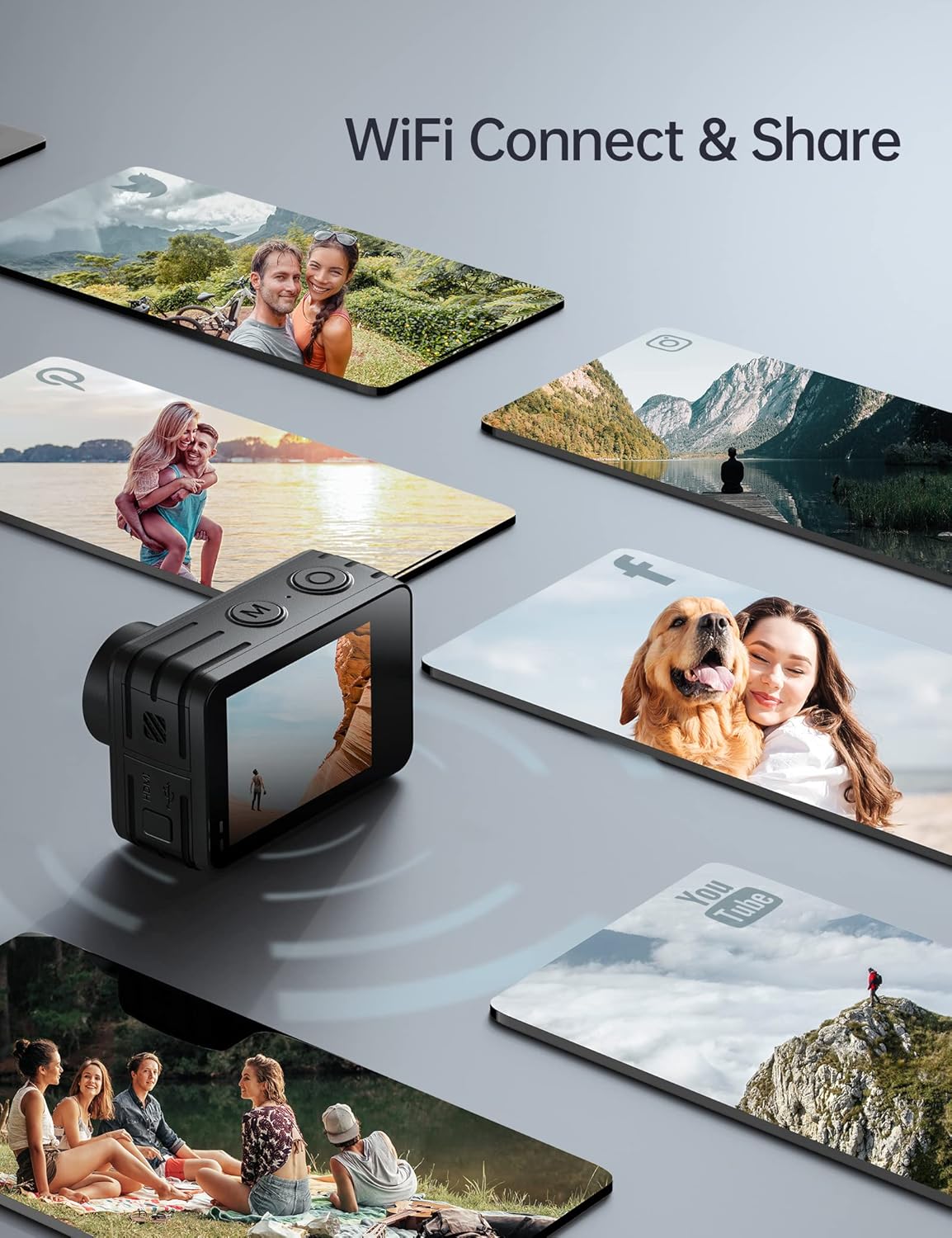 WOLFANG GA420 Dual Screen Action Camera 4K 60FPS 24MP Touchscreen Underwater Camera, 10M Body Waterproof/40M Waterproof Helmet Bike Camera with EIS, Remote Control, 2x1350mAh Batteries, Accessory Kit