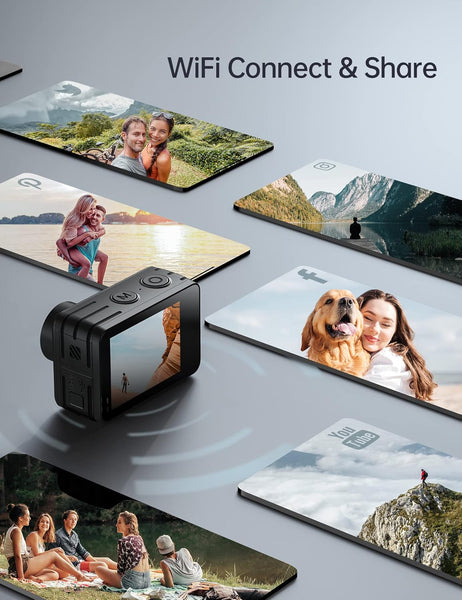 WOLFANG GA420 Dual Screen Action Camera 4K 60FPS 24MP Touchscreen Underwater Camera, 10M Body Waterproof/40M Waterproof Helmet Bike Camera with EIS, Remote Control, 2x1350mAh Batteries, Accessory Kit