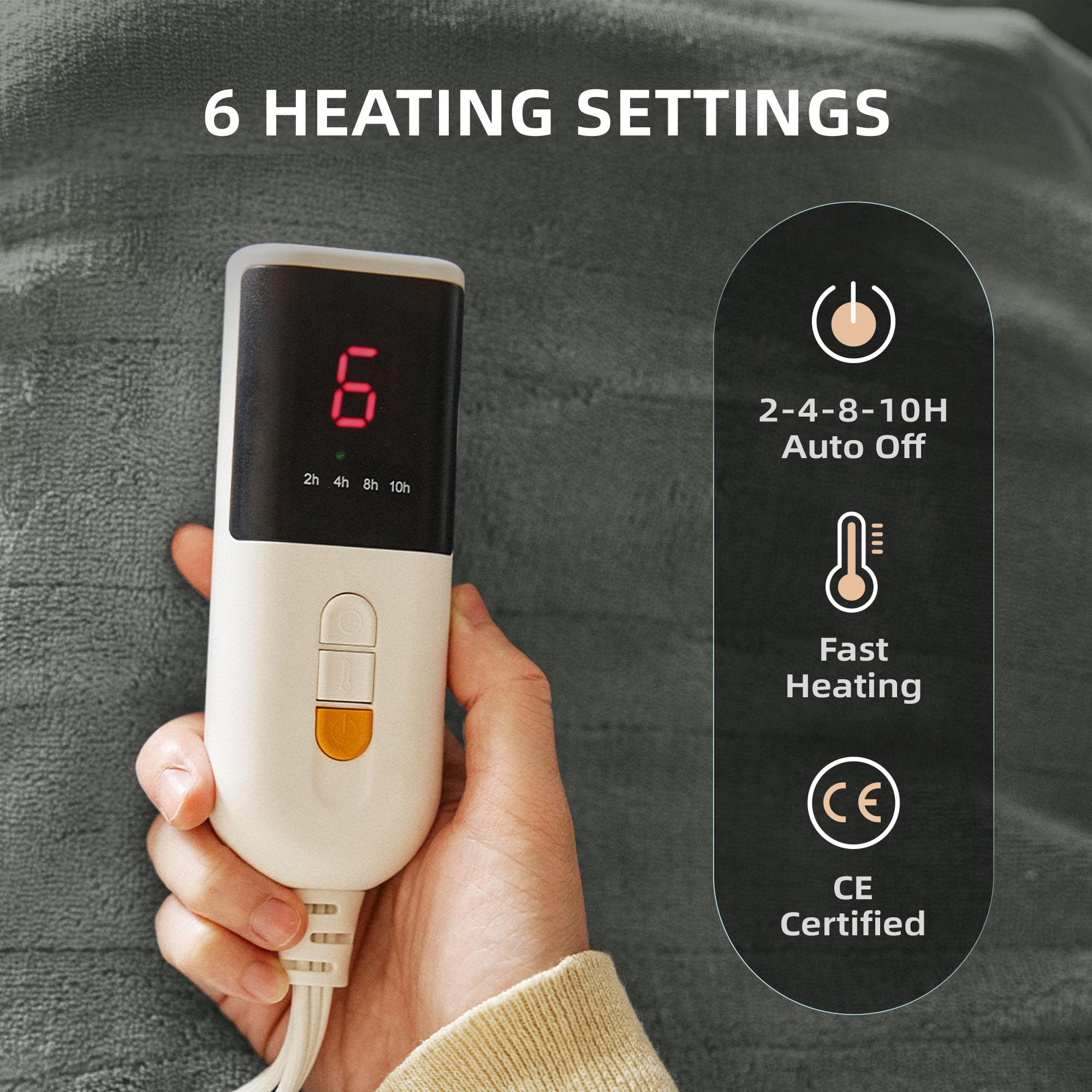 JET'S HOME Electric Blanket 130x160cm - Heated Blanket 6 Heat Settings Digital Controller Adjustable Timer up to 10 Hours - Heated Throw Machine