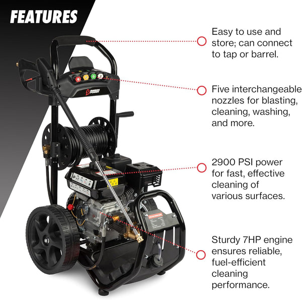 Bimson Power Petrol Pressure Washer UK Jet Wash 2900 PSI / 180 Bar, 30 meter Hose, Power Washer with 5 Spray Nozzles, Detergent tank 6L, High Pressure Washer, Portable, 2 Year Warranty