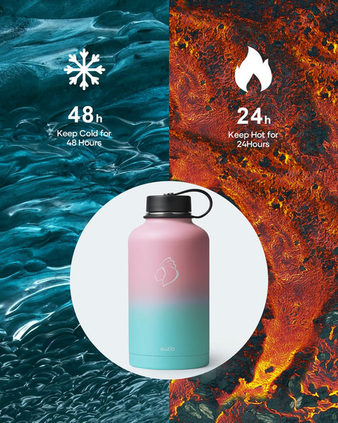 Stainless Steel Water Bottle 2L, BUZIO Vacuum Insulated Water Bottle with Straw Lid and Flex Cap Cold for 48 Hrs, Hot for 24 Hrs Double Wall Wide Mouth BPA Free Leak Proof, Black