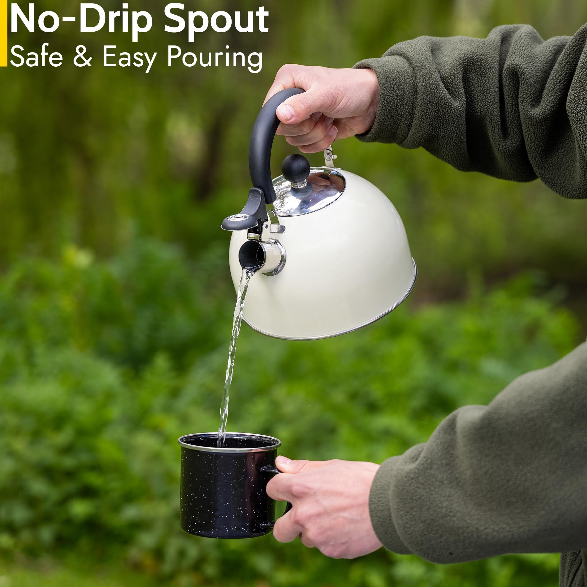 Trail 2L Whistling Camping Kettle, Polished Stainless Steel, Durable & Lightweight, Easy Pour Spout, Folding Heat Resistant Handle, Fast Boil Travel Kettle, Outdoor Fishing Hiking, 15cm x 18cm, 0.42kg