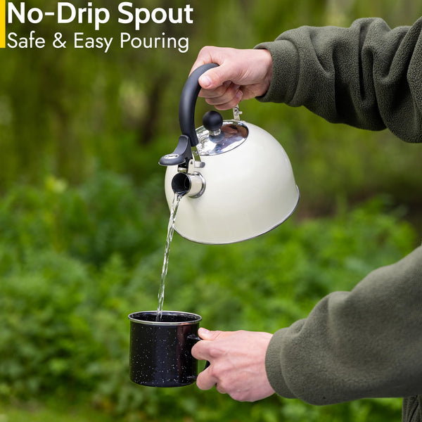 Trail 2L Whistling Camping Kettle, Polished Stainless Steel, Durable & Lightweight, Easy Pour Spout, Folding Heat Resistant Handle, Fast Boil Travel Kettle, Outdoor Fishing Hiking, 15cm x 18cm, 0.42kg