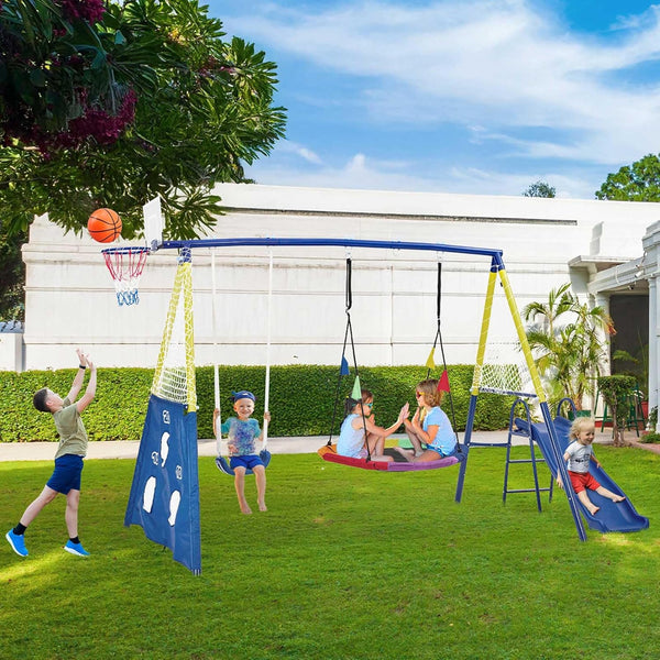 Aptliton Kids Swing set with Metal Frame, Nest Tree and Plastic Single Swing, Basketball Hoop, Slide, Backyard Playground Outdoor Play Frame Toy for children, Over 3 Years Old, Blue and Yellow