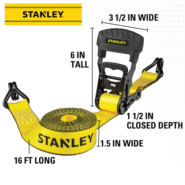 STANLEY S1007 Black/Yellow 1.5" x 16' Ratchet Tie Down Straps - 1,100 lb Safe Working Load / 3,300 lb Break Strength, 2 Pack