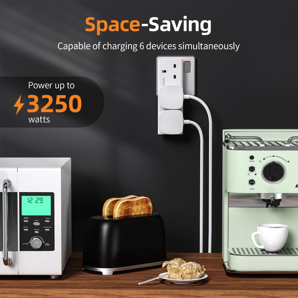 Multi Plug Extension with USB C Slot, 3 Way Plug Wall Charger Socket, Multi Outlets Extender Adapter UK for School, Home, Kitchen, Office (White)