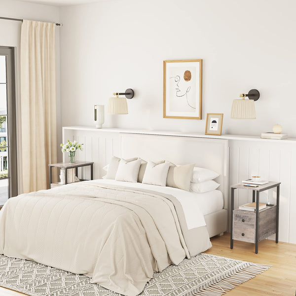 HOOBRO Side Table, Narrow Bedside Table with Charging Station, USB Ports and Power Outlets, Slim Side Table for Small Spaces, 2 Drawers, Industrial