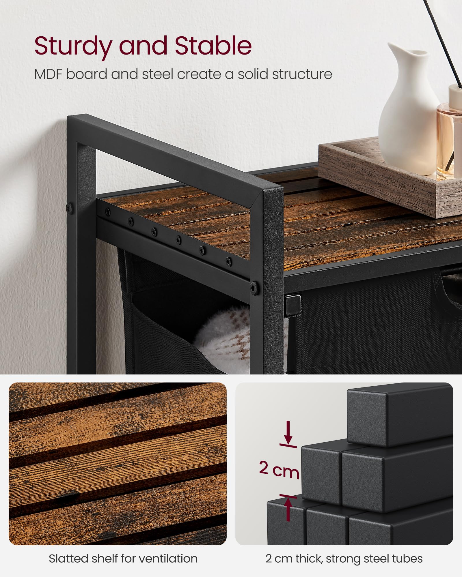 VASAGLE Laundry Basket, Laundry Hamper, Pull-Out and Removable Liner Bag, Shelf, Metal Frame, 65 L, 50 x 33 x 72 cm, Ink Black and Rustic Brown BLH101B01