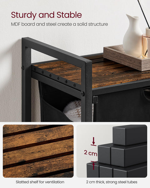 VASAGLE Laundry Basket, Laundry Hamper, Pull-Out and Removable Liner Bag, Shelf, Metal Frame, 65 L, 50 x 33 x 72 cm, Ink Black and Rustic Brown BLH101B01