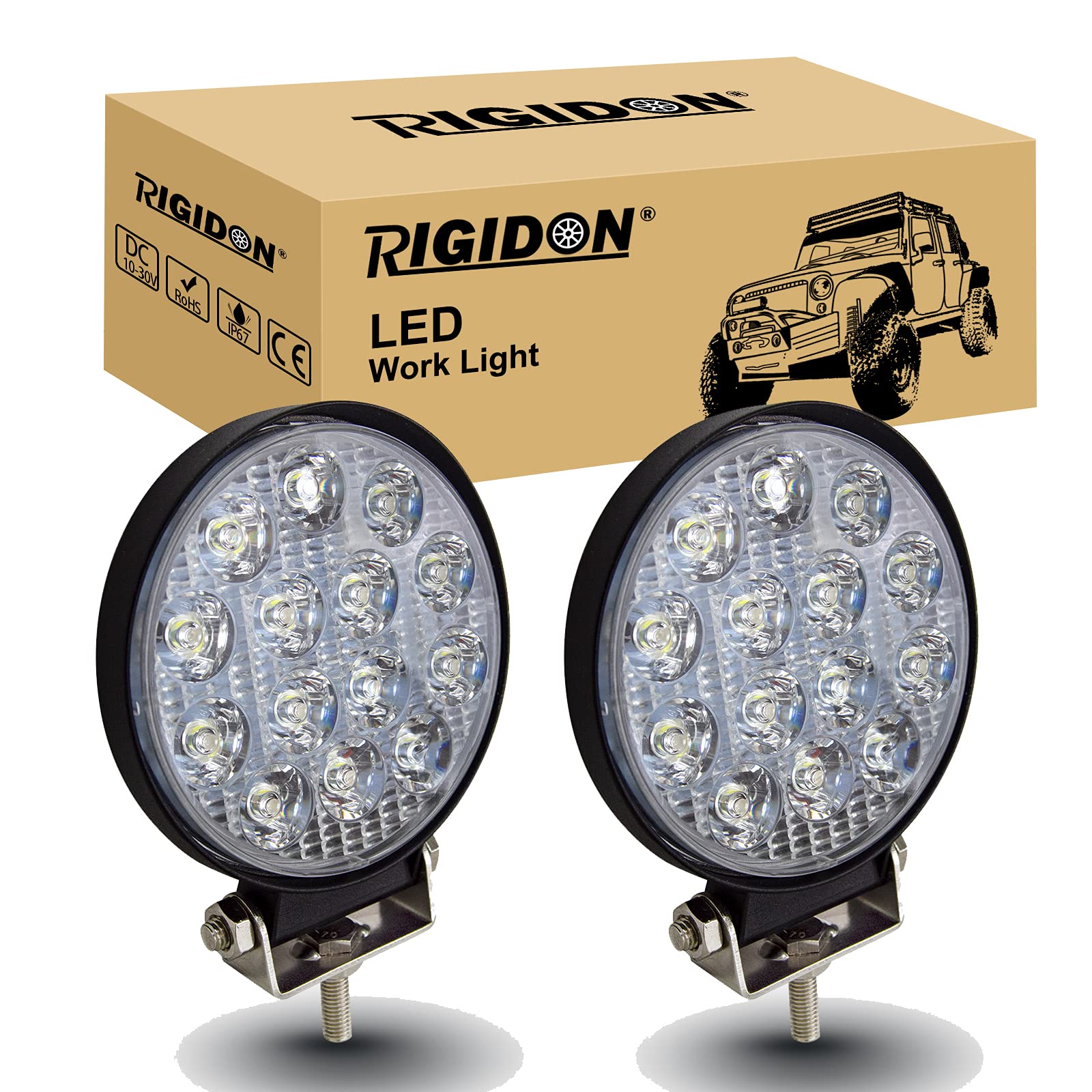 RIGIDON 2 Pcs Round Led Work Light, 4 inch 42W Flood Beam, 12V 24V Driving Lights Lamp for Car Off Road Boat Truck 4x4 SUV ATV Tractors Excavator, 6000K White, Fog Lamp