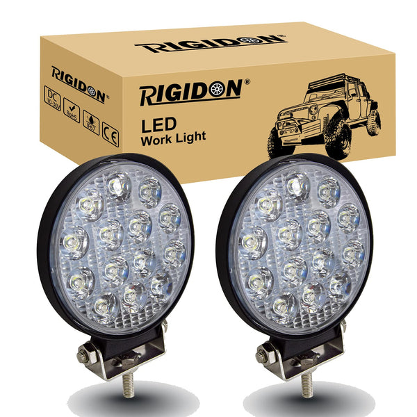 RIGIDON 2 Pcs Round Led Work Light, 4 inch 42W Flood Beam, 12V 24V Driving Lights Lamp for Car Off Road Boat Truck 4x4 SUV ATV Tractors Excavator, 6000K White, Fog Lamp