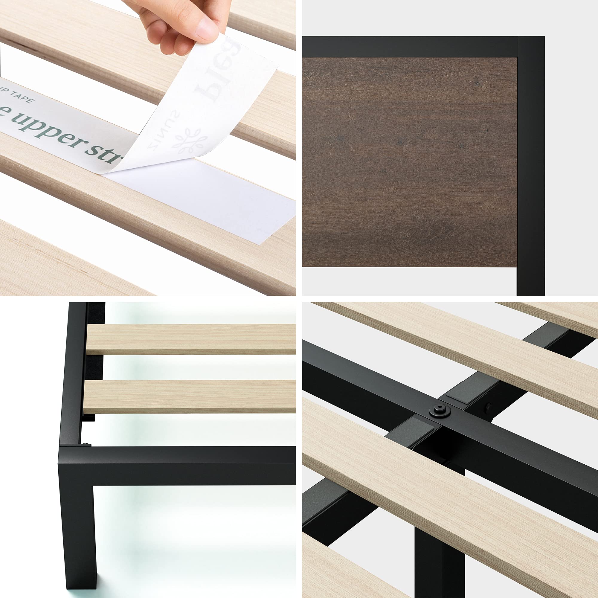 Zinus Mory Single Bed frame - Bed 90x190 cm - 30 cm Height - Metal and Wood Platform Bed frame with Wood slat support - Brown and Black