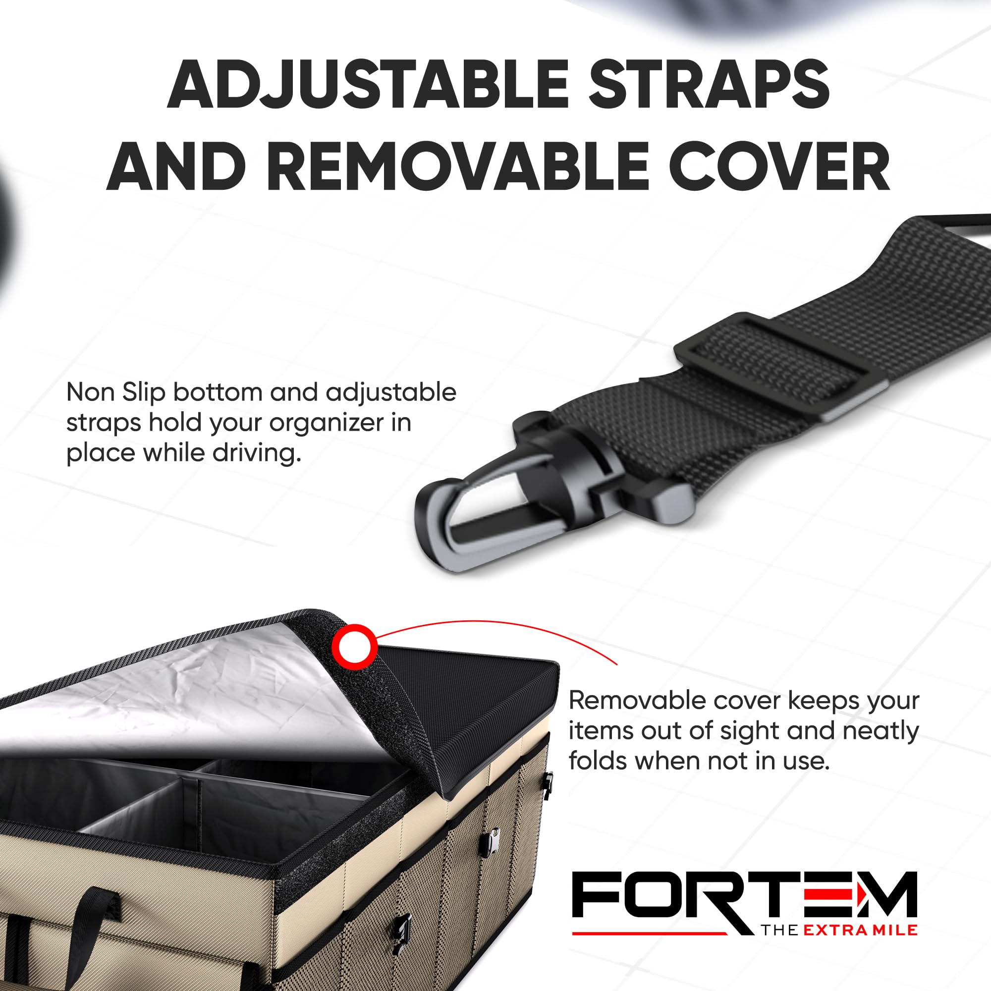 FORTEM Car Boot Organiser, Collapsible Multi Compartment SUV Organizer, Foldable Storage for Car Accessories for Women Men, 600D Oxford, Non Slip Bottom, Securing Straps, Soft Cover (50L)