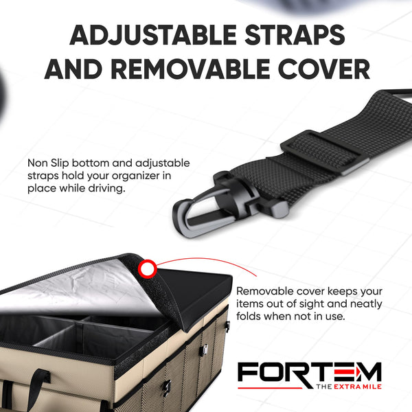 FORTEM Car Boot Organiser, Collapsible Multi Compartment SUV Organizer, Foldable Storage for Car Accessories for Women Men, 600D Oxford, Non Slip Bottom, Securing Straps, Soft Cover (50L)