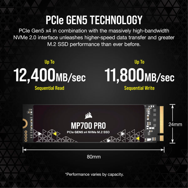 Corsair MP700 PRO 2TB M.2 PCIe Gen5 x4 NVMe 2.0 SSD – M.2 2280 – Up to 12,400MB/sec Sequential Read – High-Density TLC NAND – Black
