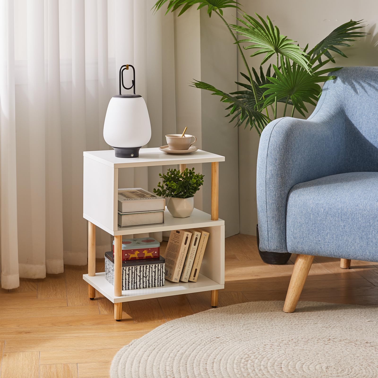 Aibiju White Side Table, Small End Table, Modern Nightstand with Storage Unit for Bedroom/Living Room/Hallway/Office,White+Natural Wood Legs,YD-TM152W