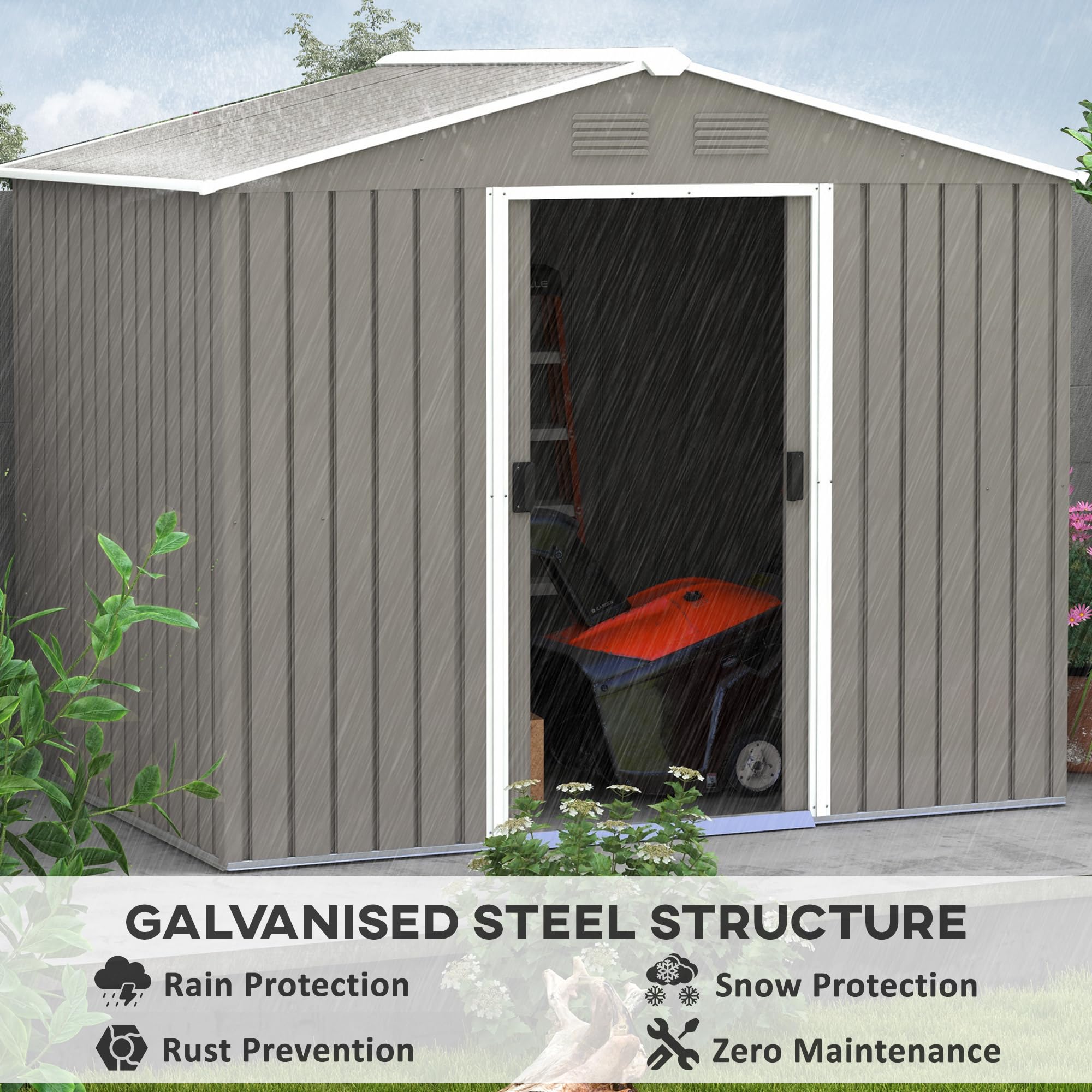 Outsunny 7.7 x 5.7ft Metal Garden Shed with Ventilation Slots and Sliding Doors, Galvanised Outdoor Tool Storage House, Grey