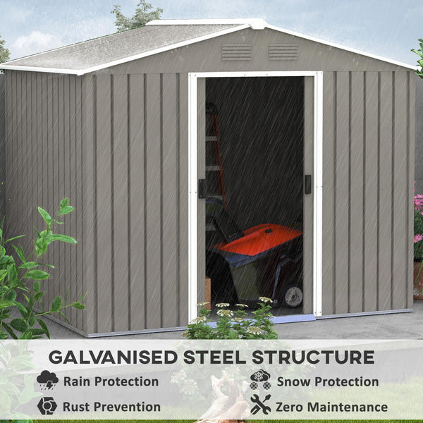 Outsunny 7.7 x 5.7ft Metal Garden Shed with Ventilation Slots and Sliding Doors, Galvanised Outdoor Tool Storage House, Grey