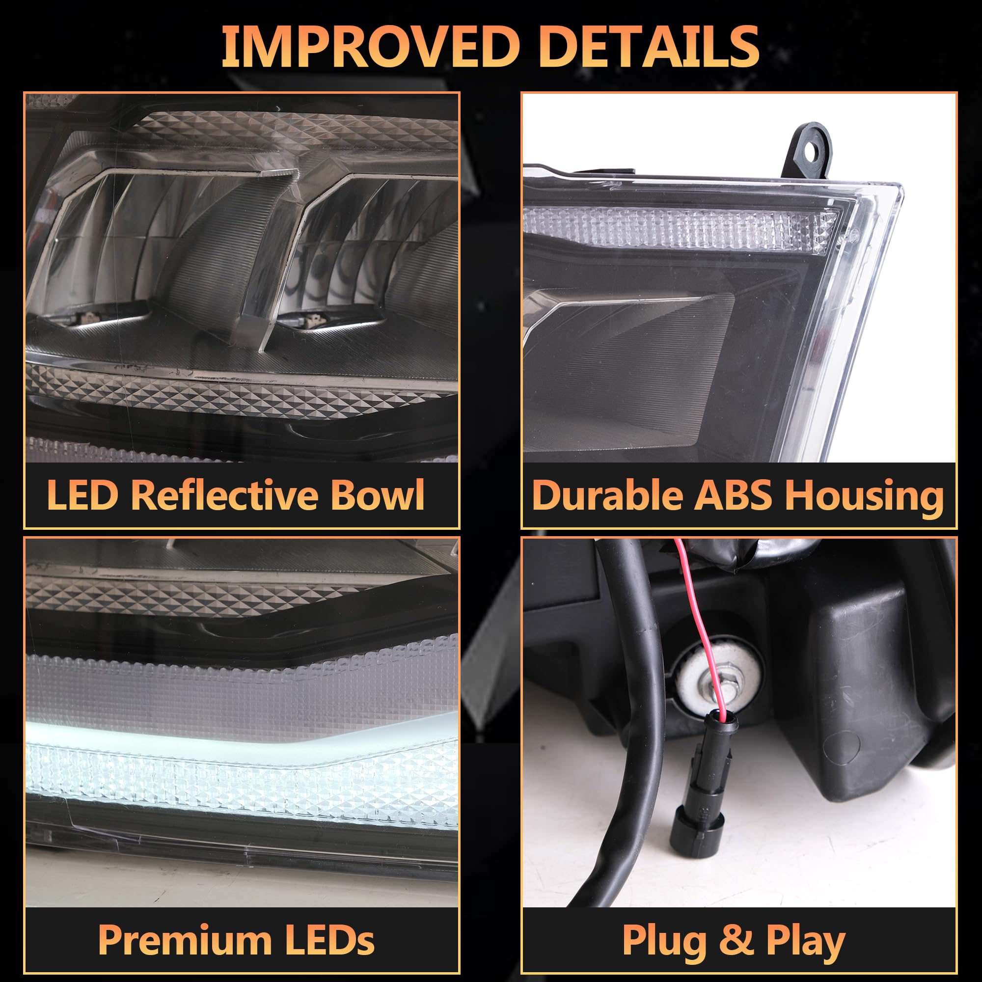 VLAND Motor LED Headlights compatible with RAM 1500 2500 3500 2009-2018 & RAM 1500 Classic 2019-2021, w/Startup dynamic display & Blue to white changing, Passenger & Driver Sides - Clear reflector